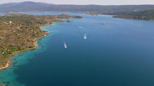 Aerial View of Offshore Fish Farming Cages and Platforms in the Open Sea Modern Aquaculture