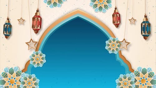 Decorative Islamic Arch Frame Animation with Hanging Lanterns and Stars