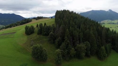 Aerial Closeup of Hills Covered with Green Grass and Trees Against Cloudy Sky