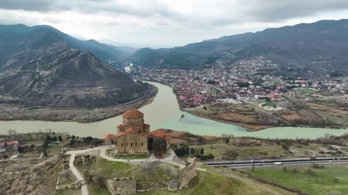 Aerial View Mtskheta's Embrace Cathedral and River in Harmony