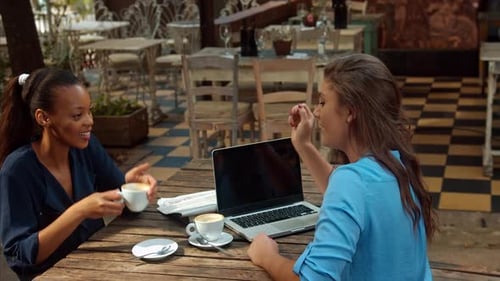 Portrait of Young Casual Entrepreneur Woman Team, Meeting at Cafe and Smiling