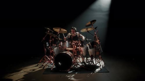 Cool Drummer Playing Drum Set in Dark Studio Rock Band Rehearsing in Garage Making Music Video and