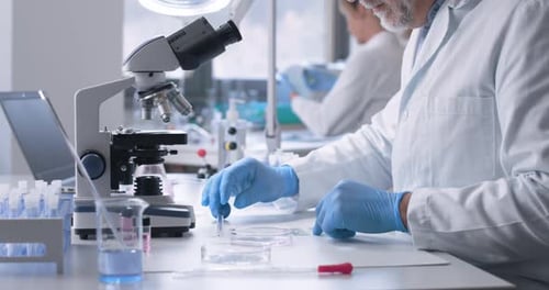 Científicos investigadores que trabajan con microscopios y muestras en un laboratorio médico moderno