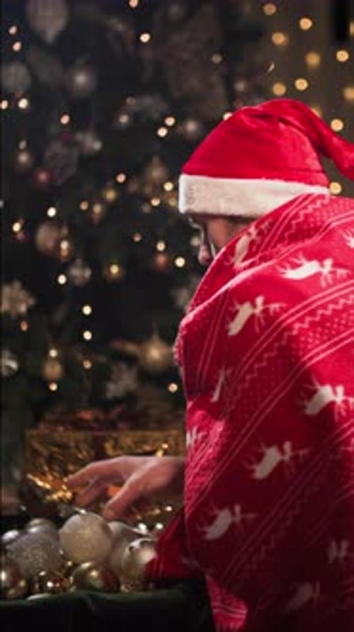 Cold at Home Man in Blanket and Santa Hat Warms His Hands Because of Cold in Help Against Christmas