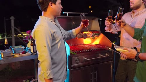 Latin mexican friends night barbecue grill party at garden clink champagne glasses drink cocktails w