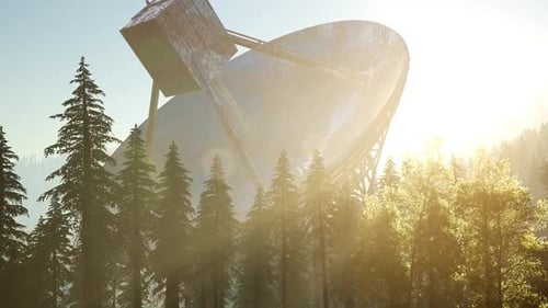 The Observatory Radio Telescope in Forest at Sunset