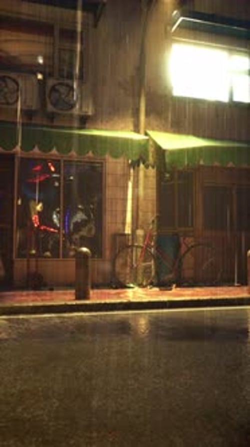 Rainy Nightfall in Small Asian Town Street