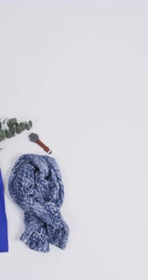 Vídeo vertical de bolsa de lona azul con planta, bufanda, reloj, espacio para copiar sobre fondo blanco