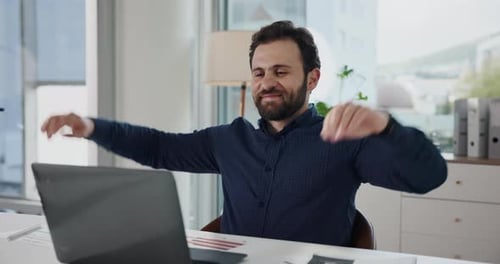 Business, relax and man with laptop, smile and done with happiness, completed task