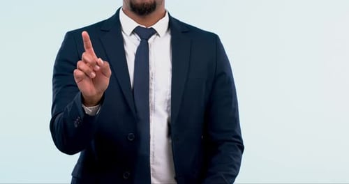 Business, finger and click with man, future and typing with biometrics on a white studio background