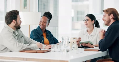 Business people, team or meeting with proposal or documents for project planning together in office
