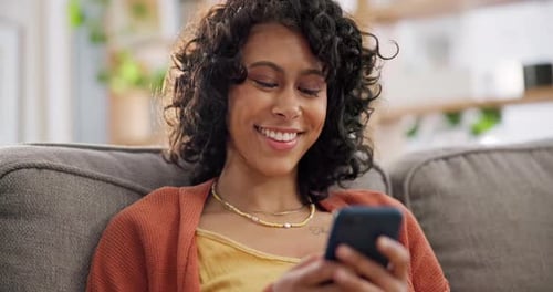 Happy, home phone or relax woman typing internet search, customer experience review