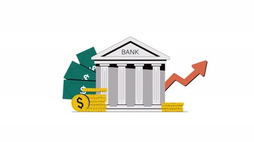 4k Bankgebäude mit Geld und Aufwärtspfeil. Animationsvideo zum Konzept des finanziellen Wachstums