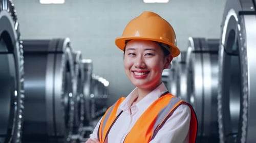 Asian Female Engineer Crossing Her Arms And Smiling In Metal Factory