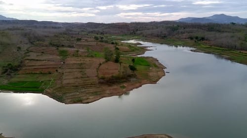 Aerial view of the natural lake between islands and hills