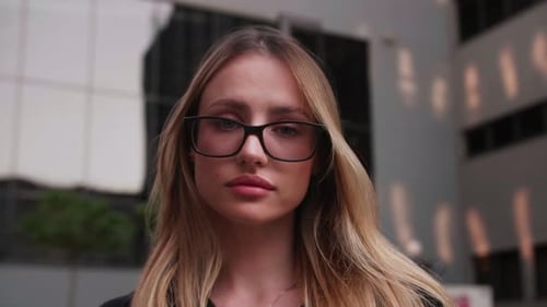 Face Young Sunshine Blond Caucasian Woman Look at Camera Smile Stand in the City Streets Summer