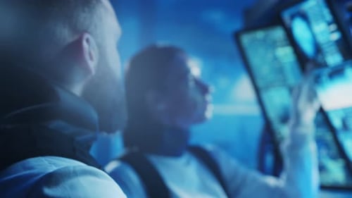 Team of Astronauts in a Space Suits Aboard the Orbital Station A Crew of Cosmonauts Piloting the