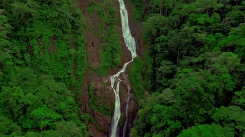 Aerial View of a Lush Waterfall in Tropical Forest