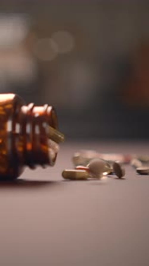 Pills and Capsules Spilling From Medicine Bottle