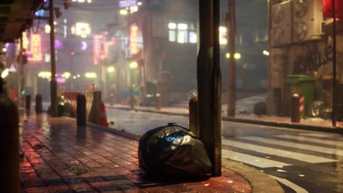 A Rainy Night in a Vibrant Urban Alley Filled with Neon Lights and Litter