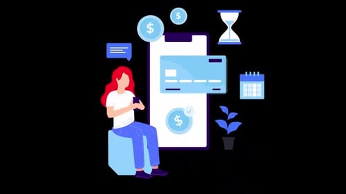 Woman Typing Message, Business Items Flying Air Infograph Alpha Channel