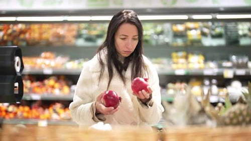 Attractive Young Woman Choosing Fruit Vegetable Supermarket Marketplace