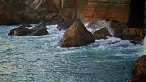Powerful Sea Waves Crash Against Dangerous Summer Cliff Seashore. Closeup View Of