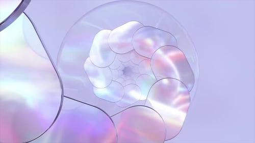 Transparent Iridescent Rounded Shapes are Rotating Creating a Mesmerizing Spiral Pattern Against a