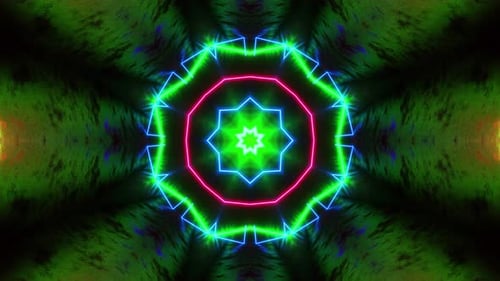 Colorful pattern with neon lights in the middle of it. Kaleidoscope VJ loop