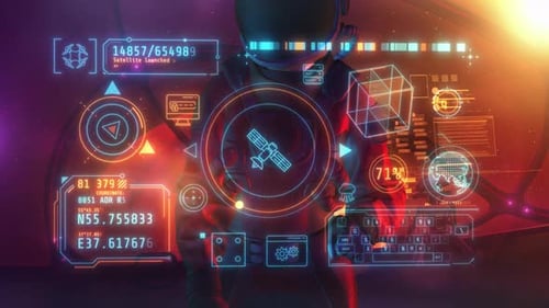 An Astronaut Works on a Holographic Panel with Data