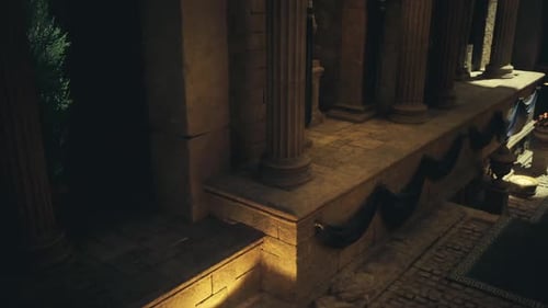 Alte Steinkonstruktion mit reflektierenden Pools und sanfter Lichtatmosphäre