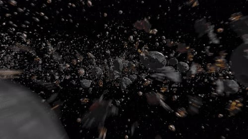 Flying inside Asteroid belt in deep space fast motion