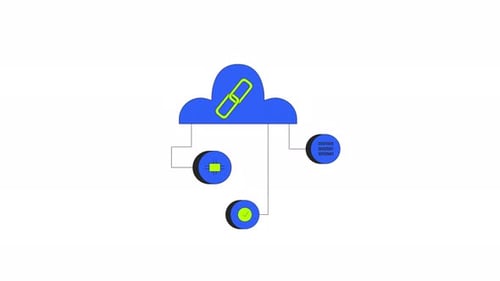 Réseau cloud avec blockchain et composants de données, animation d'objets de dessin animé 2D