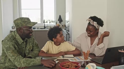Military Father With Family at Home Talking