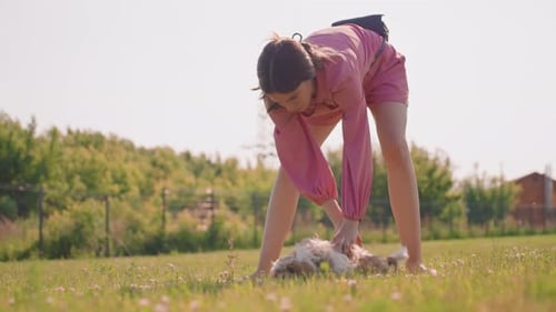 Young Woman Bending To Pet Puppy In Sunny Meadow Clover Field Gentle Touch Playful Bonding Between