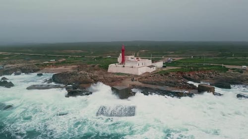 Thunder Sky Coastal Lighthouse Aerial View Deep Waves Washing Brown Stones