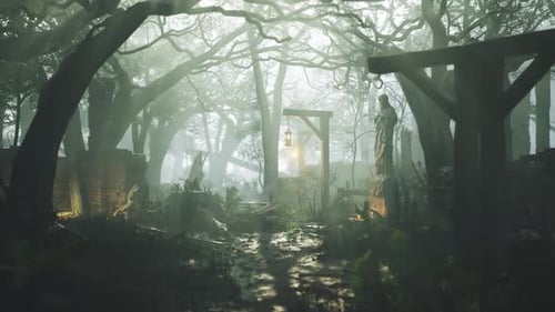 Mysterious Foggy Forest with Ancient Structures and Dimly Lit Lanterns
