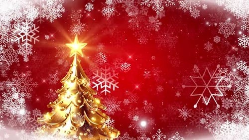 Animated Golden Christmas Tree with Falling Snowflakes on Red Background