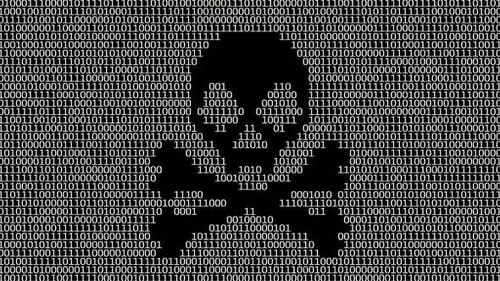 Binary Code Forms a Skull Symbolizing Technology and Caution