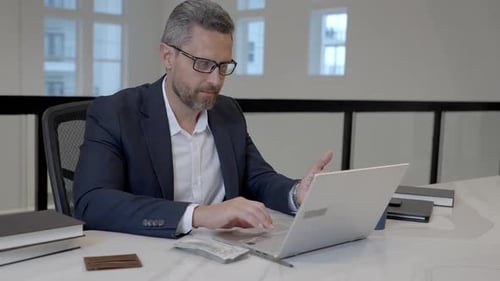 Business Man Talk on Web Camera Online Video Meeting Employee Talking on Video Conference in Office