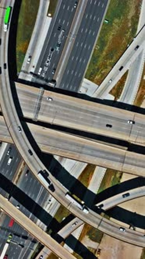 Vertical aerial view of highways and traffic patterns in Dallas USA
