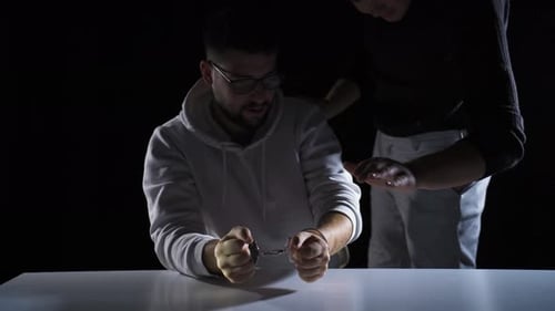 Man with Handcuffs Being Interrogated in Dark Room