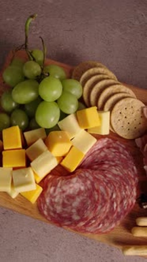 Vertical Video, Top View Of A Cheese Platter, Charcuterie Board, Rotating View