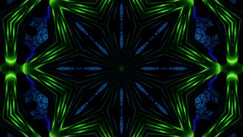 Grüner und schwarzer abstrakter Hintergrund mit Sternenmuster in der Mitte. Kaleidoskop VJ Loop