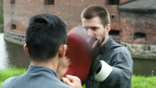 Kung fu masters practice ancient martial arts techniques with vitality in park