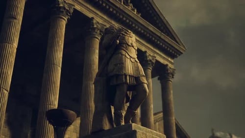 Historic Statue Near Ancient Columns with Dramatic Sky at Dusk