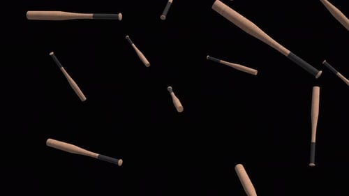 Falling wodeen baseball bats over alpha channel. Rain of baseball bats across the screen.