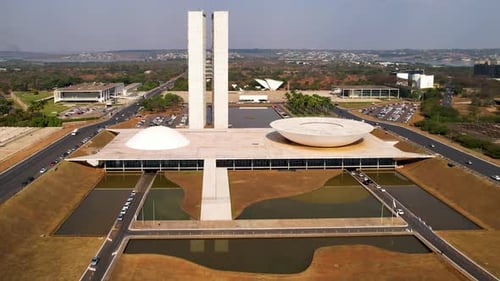 Aerial landscape of National Congress building at downtown Brasilia Brazil. Cityscape of downtown ca