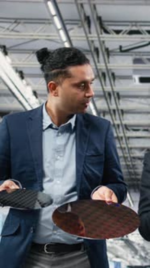 Vertical Video Management Executives Analyzing Processed Silicon Wafer