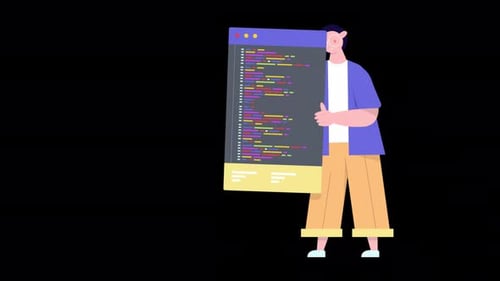 Programmer Character Showing Her Website Sources Alpha Channel 4K